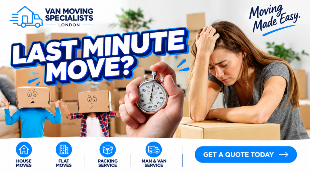 Last minute moving day preparation with boxes and clock, Van Moving Specialists